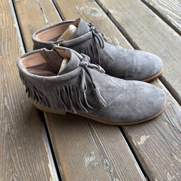 Like New Kate Spade Bitsy Gray Fringe Tassel Suede Moccasin Booties Women's 10M - Picture 2 of 14
